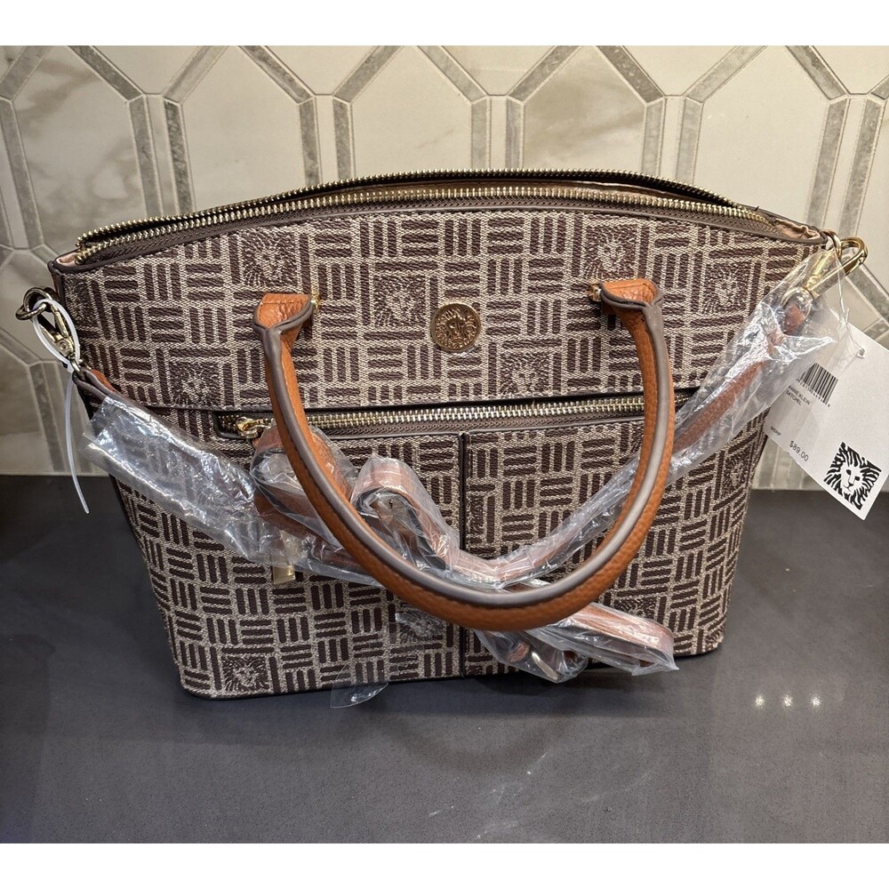 NWT Anne Klein Satchel Handbag Brown Tan Monogram Hand & Removable Strap